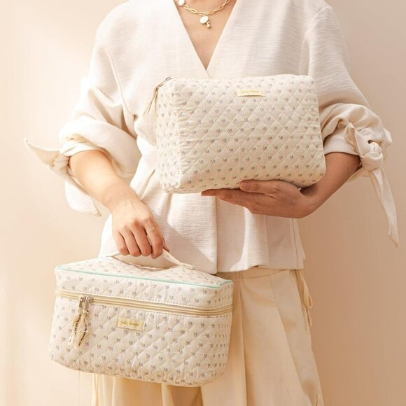 Quilted Makeup Bag, 3PCS Cotton Large Travel Makeup Bag, Cute Floral Coquette Ma - Picture 7 of 7